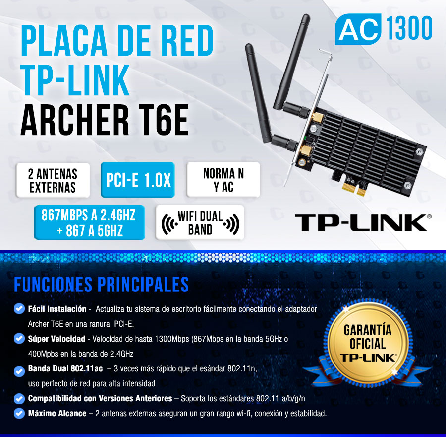 Placa Red Pci-E Tp-Link Archer T6e Ac1300 Dual Band
