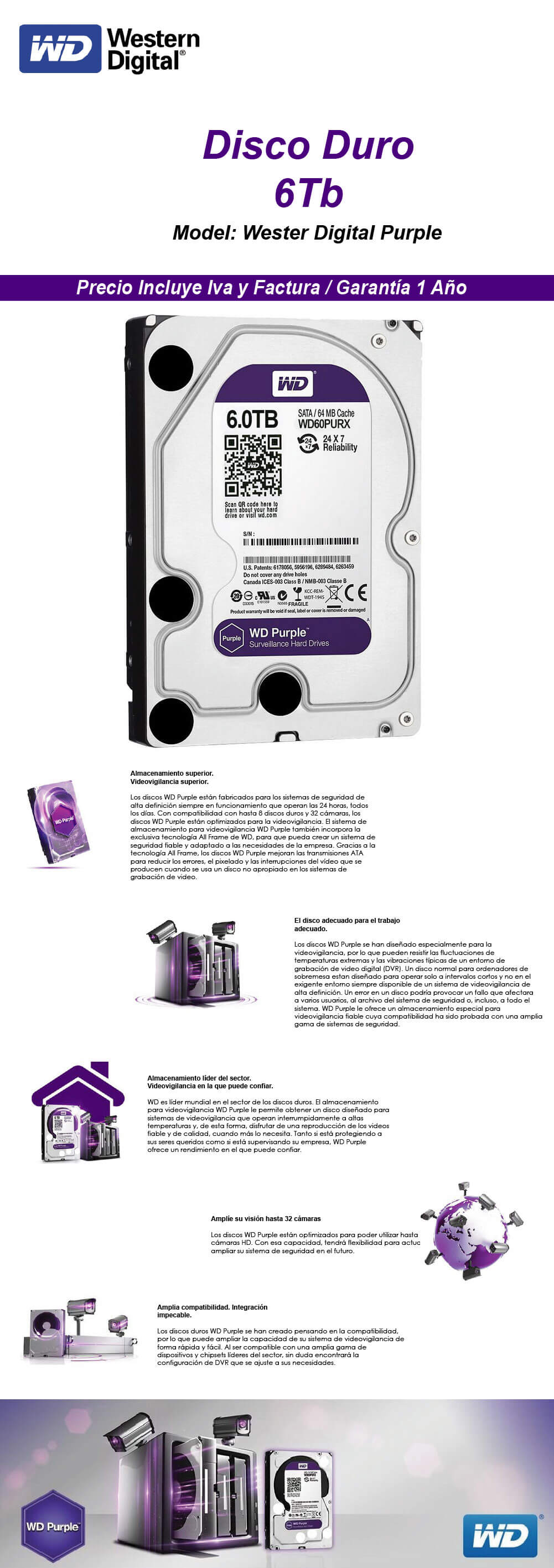 Disco Duro HDD 6 Tb Western Digital WD Sata III Purple