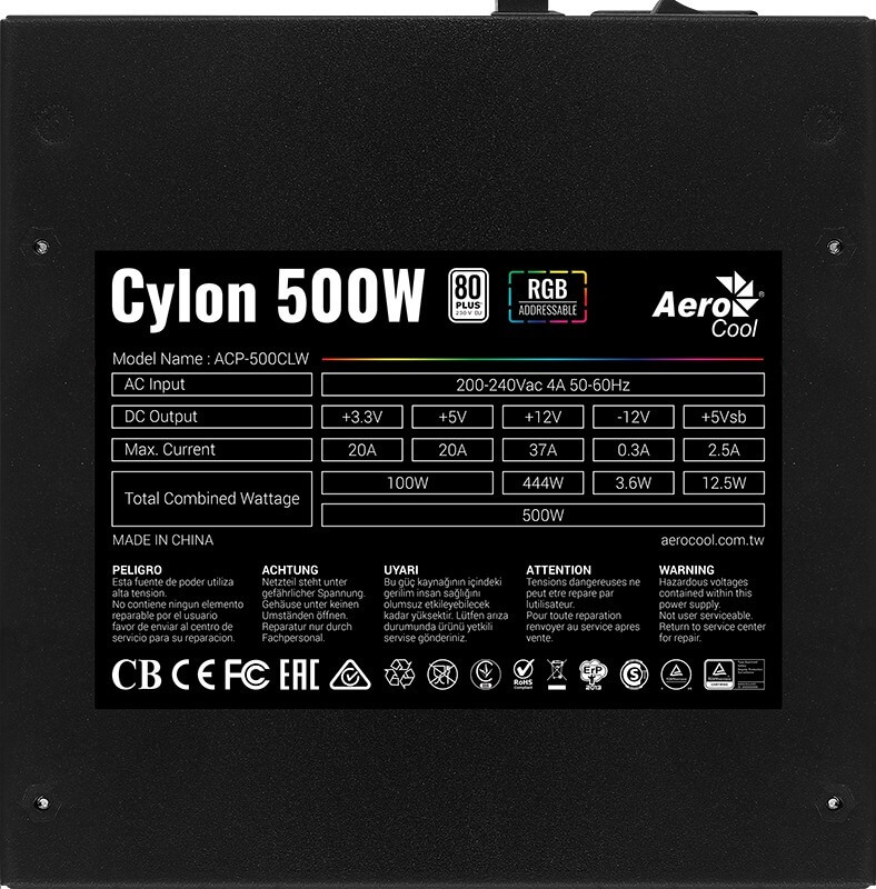 Fuente Aerocool Cylon 500w RGB 80+ Bronze